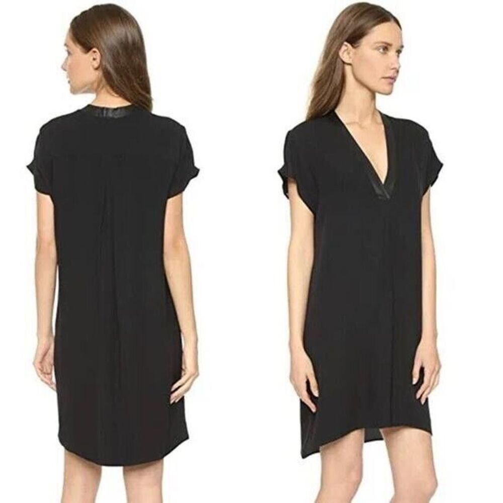 Vince Silk Tunic Dress Cap Sleeve V Neck Mini Blue Lamb Leather Trim Popover S - Picture 10 of 10